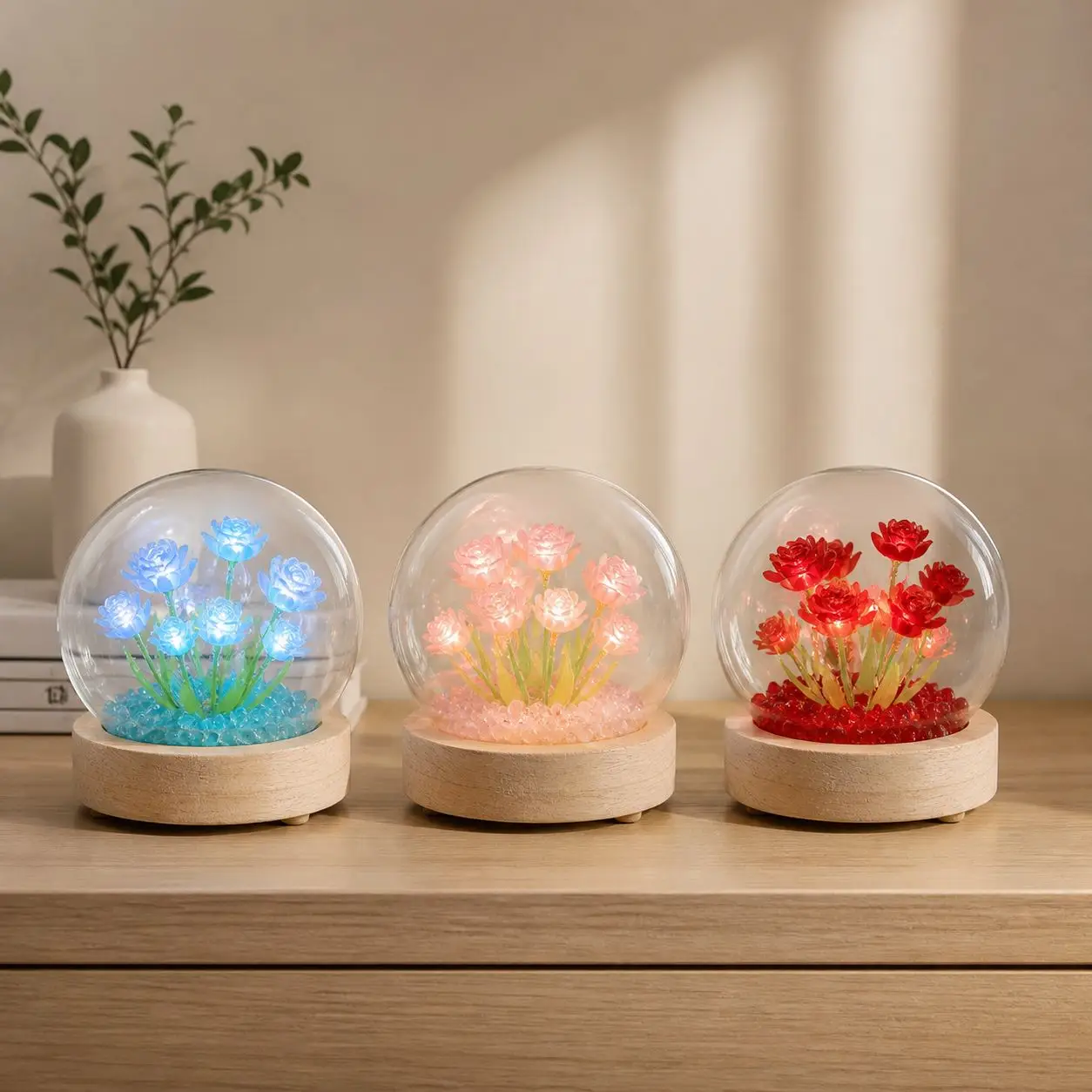 چراغ خواب دشت گل LED رمانتیک با پایه چوبی