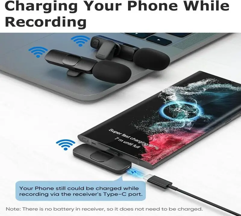 میکروفون یقه‌ای بی‌سیم دو عددی Bluechok مناسب آیفون 15، آیپد و اندروید با درگاه USB-C - مخصوص ضبط ویدیو، لایو، یوتیوب و تیک‌تاک