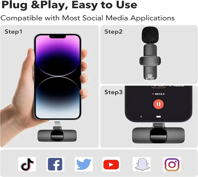 میکروفون یقه‌ای بی‌سیم دو عددی Bluechok مناسب آیفون 15، آیپد و اندروید با درگاه USB-C - مخصوص ضبط ویدیو، لایو، یوتیوب و تیک‌تاک