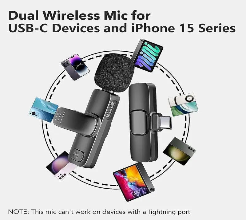 میکروفون یقه‌ای بی‌سیم دو عددی Bluechok مناسب آیفون 15، آیپد و اندروید با درگاه USB-C - مخصوص ضبط ویدیو، لایو، یوتیوب و تیک‌تاک