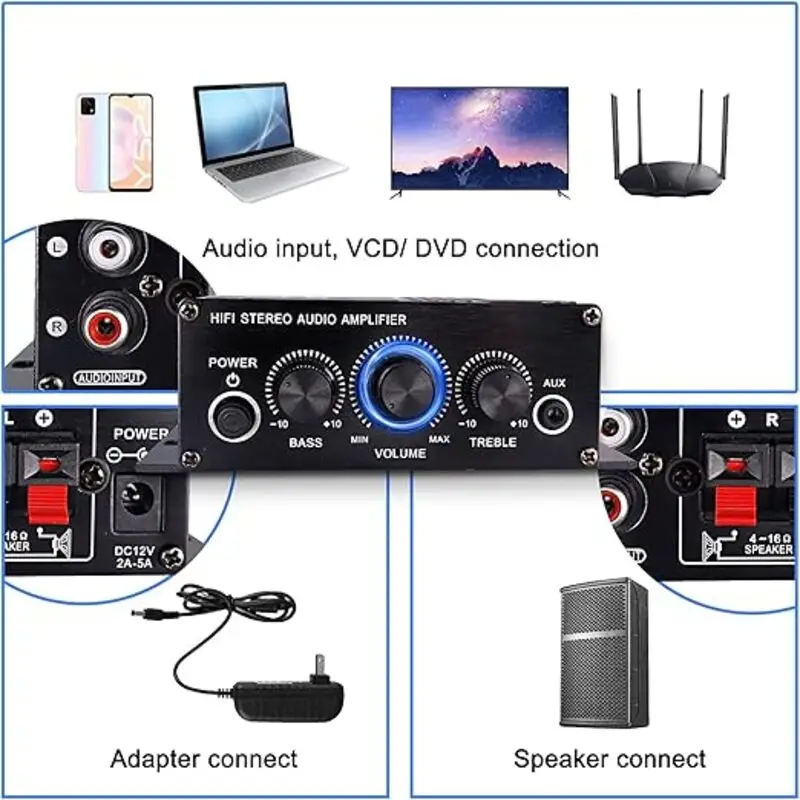 تقویت‌کننده صدای استریو خودرو 12 ولت XMSJSIY با کیفیت Hi-Fi – دو کاناله، مناسب بلندگو، CD، DVD و MP3 خودرو