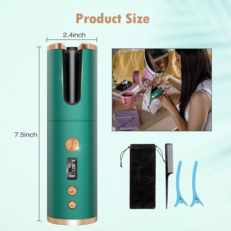 فر کننده موی خودکار بی‌سیم Ten-Tatent مدل SL-809 با نمایشگر LCD، قابل شارژ USB، دمای قابل تنظیم و تایمر، رنگ سبز