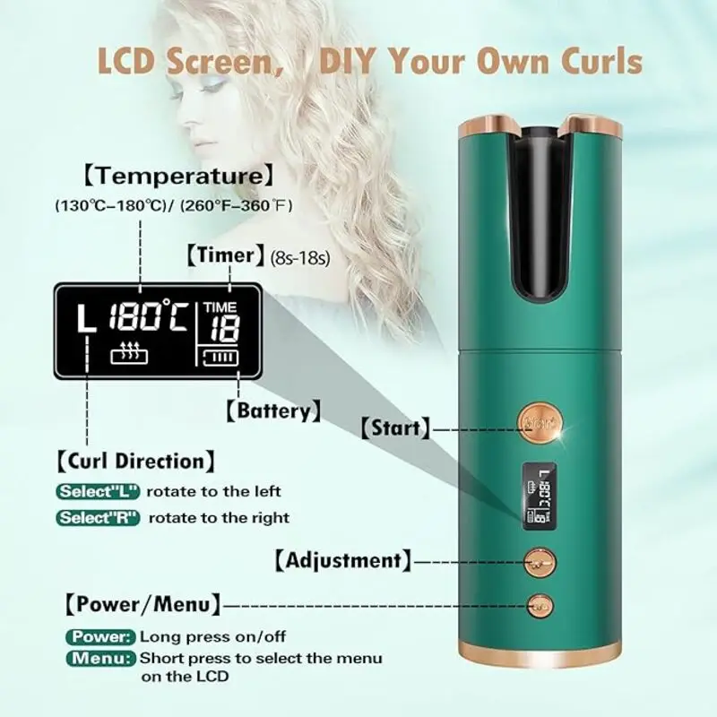 فر کننده موی خودکار بی‌سیم Ten-Tatent مدل SL-809 با نمایشگر LCD، قابل شارژ USB، دمای قابل تنظیم و تایمر، رنگ سبز