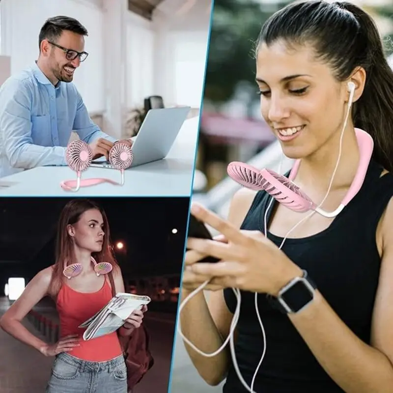 فن گردنی دو موتوره قابل حمل با طراحی هندزفری و چراغ LED – مناسب برای ورزش، پیاده‌روی، مسافرت و استفاده روزمره