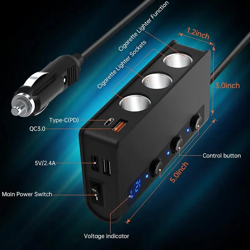 شارژر فندکی خودرو 180 وات YONGYAO مدل QC 3.0 با 3 سوکت فندکی، 2 پورت USB سریع و پورت Type-C PD 18W – مناسب برای موبایل، دوربین، GPS و داش‌کم