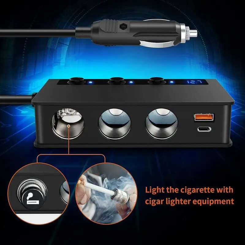 شارژر فندکی خودرو 180 وات YONGYAO مدل QC 3.0 با 3 سوکت فندکی، 2 پورت USB سریع و پورت Type-C PD 18W – مناسب برای موبایل، دوربین، GPS و داش‌کم