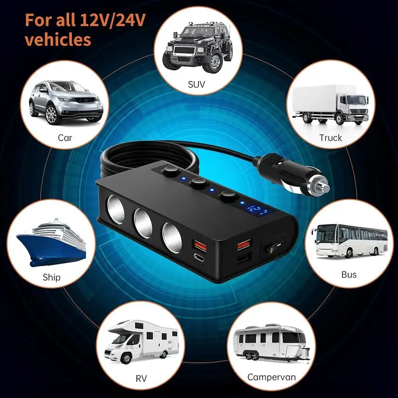 شارژر فندکی خودرو 180 وات YONGYAO مدل QC 3.0 با 3 سوکت فندکی، 2 پورت USB سریع و پورت Type-C PD 18W – مناسب برای موبایل، دوربین، GPS و داش‌کم