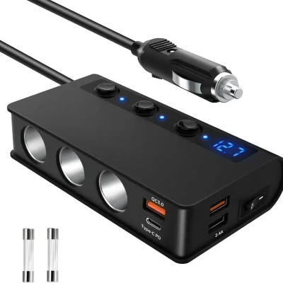 شارژر فندکی خودرو 180 وات YONGYAO مدل QC 3.0 با 3 سوکت فندکی، 2 پورت USB سریع و پورت Type-C PD 18W – مناسب برای موبایل، دوربین، GPS و داش‌کم