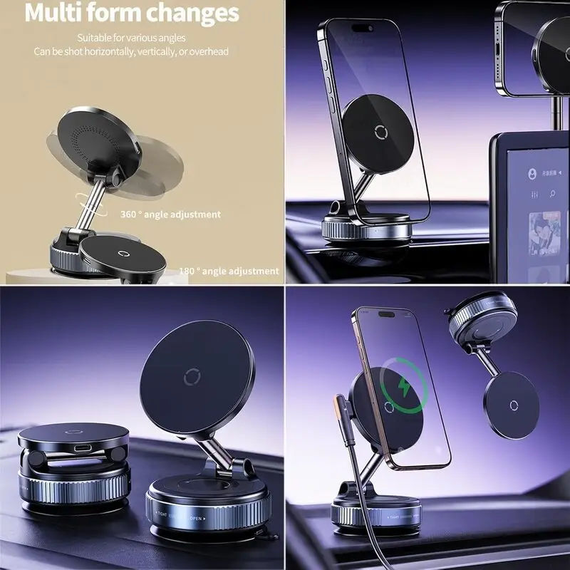 هولدر موبایل مگ‌سیف خودرو با شارژر وایرلس 15 وات x68w | نگهدارنده مغناطیسی وکیومی مناسب آیفون 12 تا 16 با چرخش 360 درجه
