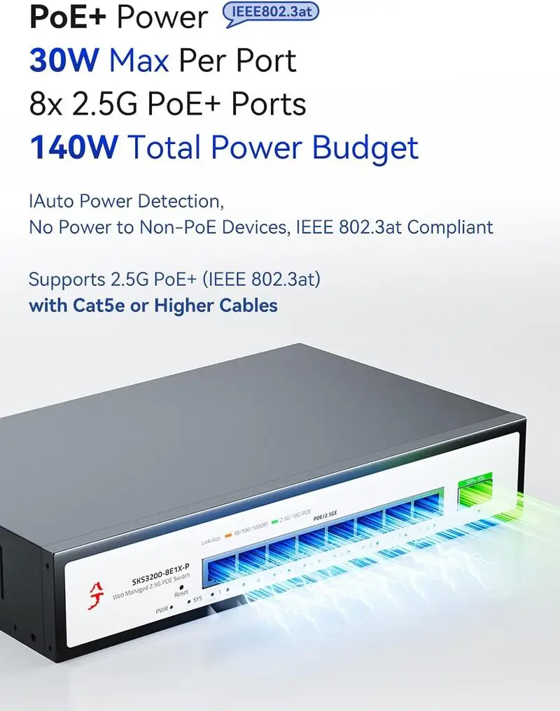 سوئیچ شبکه 2.5 گیگابیتی PoE+ مدیریتی 9 پورت XikeStor | 8×2.5G PoE + 1×10G SFP