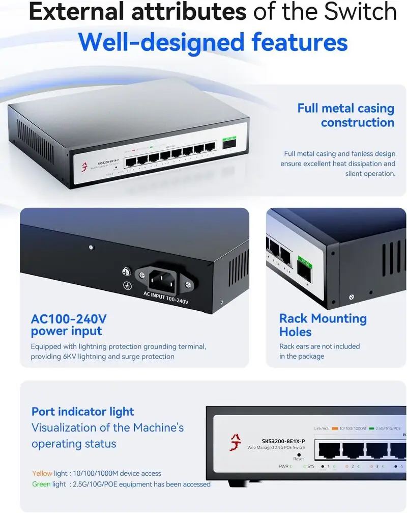 سوئیچ شبکه 2.5 گیگابیتی PoE+ مدیریتی 9 پورت XikeStor | 8×2.5G PoE + 1×10G SFP