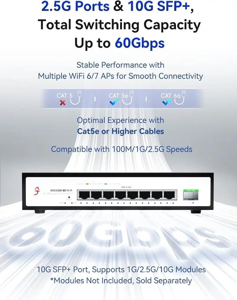 سوئیچ شبکه 2.5 گیگابیتی PoE+ مدیریتی 9 پورت XikeStor | 8×2.5G PoE + 1×10G SFP