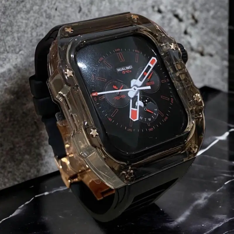 ست بند لاستیکی فلورین و قاب پلی‌کربنات لوکس | رزگلد و دودی | با کریستال زیرکونیا Apple Watch Ultra 46mm (محافظ اپل واچ)