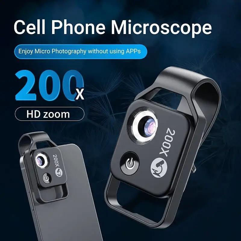میکروسکوپ جیبی موبایلی با بزرگ‌نمایی 200 برابر، لنز CPL، نور LED قابل تنظیم و گیره یونیورسال – بدون نیاز به اپلیکیشن، مناسب اندروید و آیفون