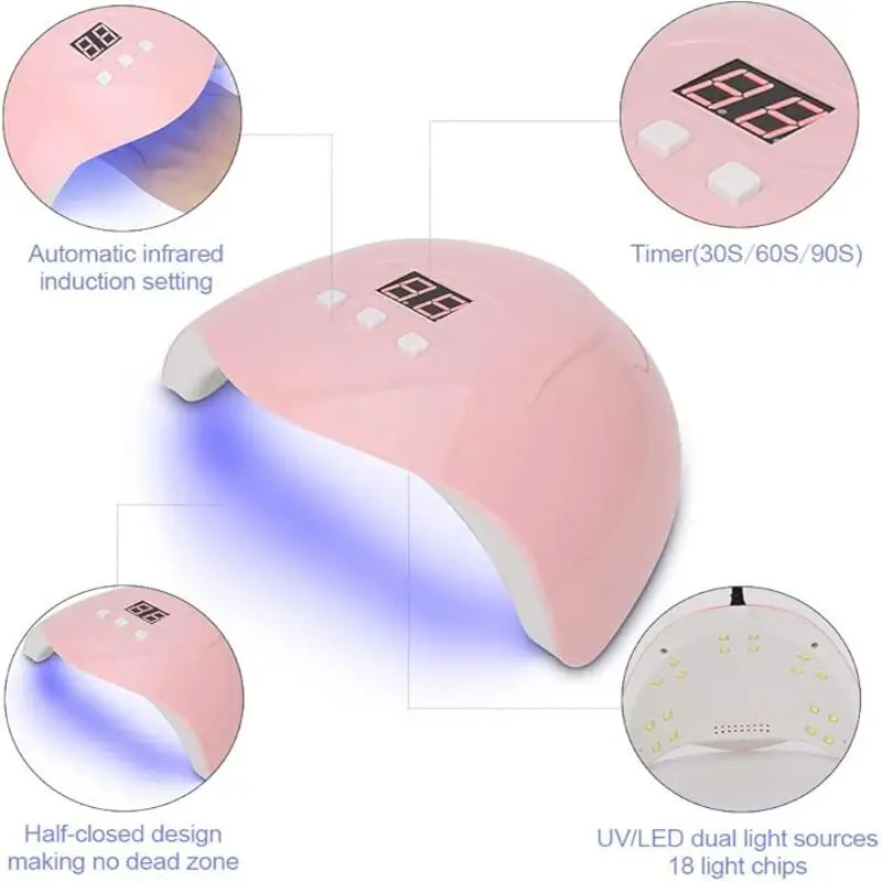 دستگاه UV LED خشک‌کن ناخن 54 وات OLIJKO | لامپ خشک‌کن ژل ناخن با تایمر هوشمند 30/60/90 ثانیه و پورت USB – مناسب برای انواع لاک ژل UV/LED  زرافه